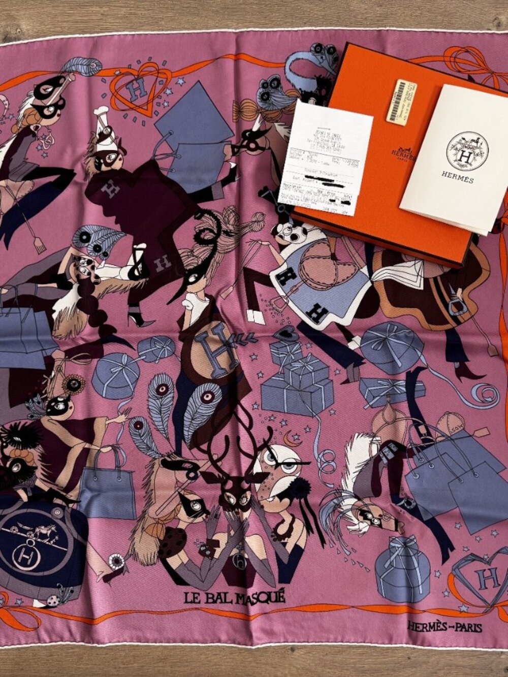 Authentic Hermes Carre 70 Scarf Silk 100๏ผ
"Le Bal Masquรฉ" Masquerade Ball Pink